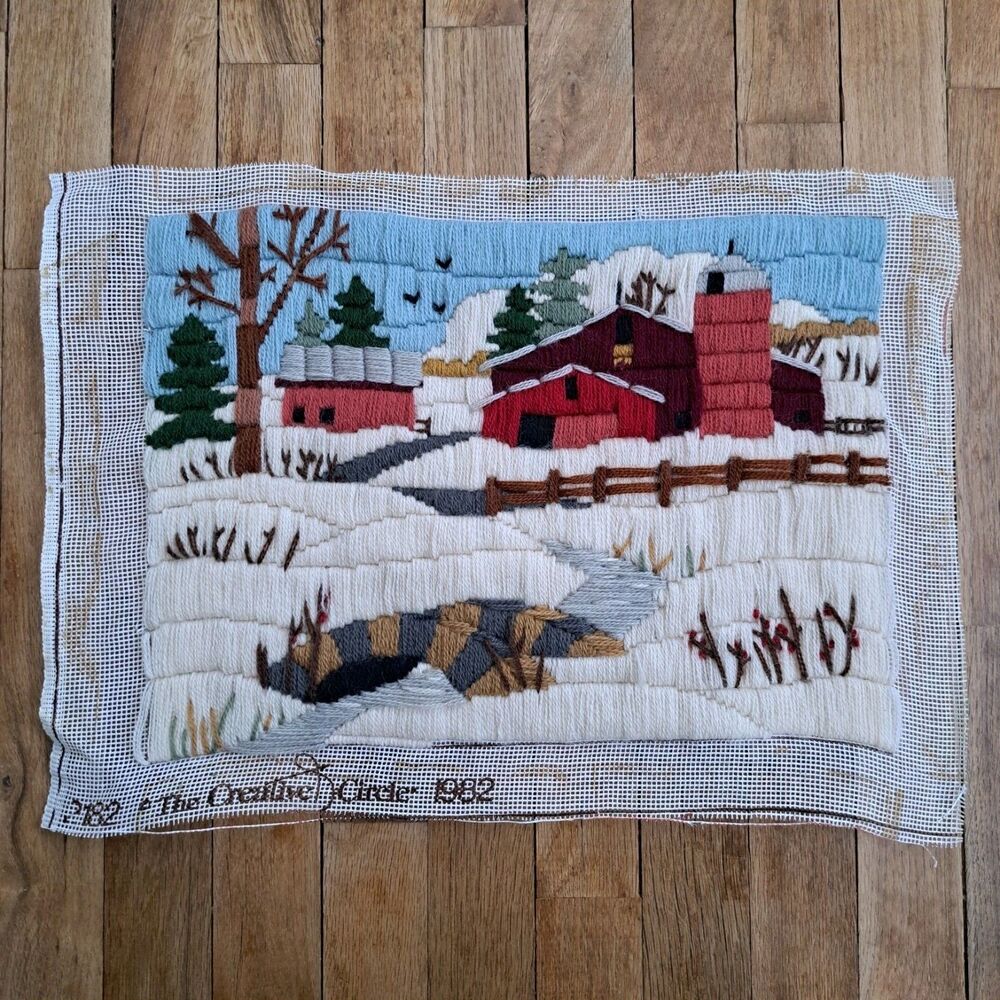 Vintage 1982 Creative Circle #2182 Crewel Embroidery Winter Barn Farm  Completed